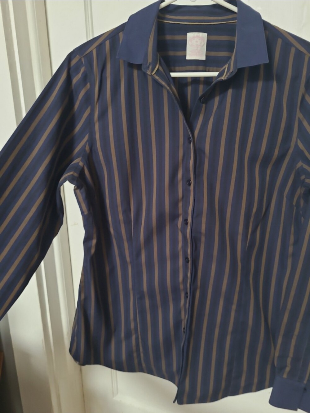 Womens Brooks Brothers Tailored Fit Navy Button-Down Shirt with Brown Stripes 10 - Picture 3 of 5